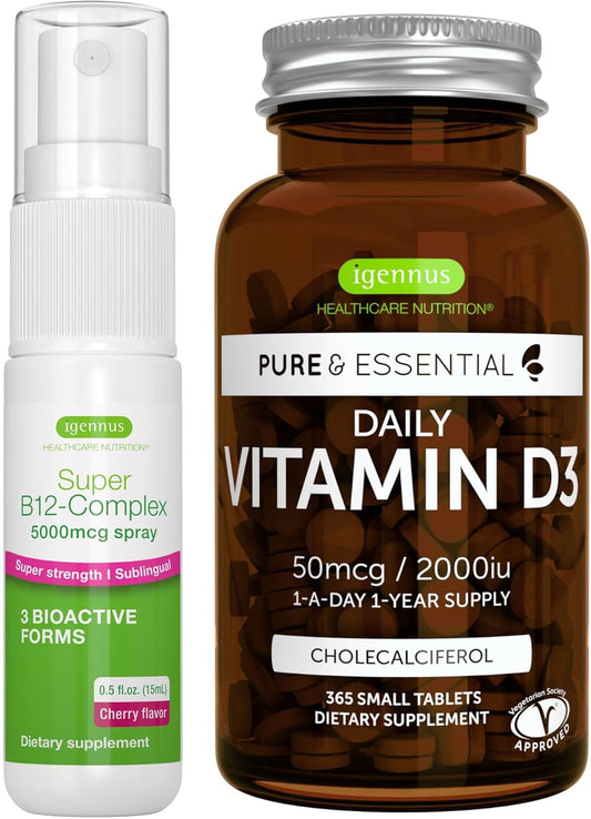 365-Day Supply of Vitamin D3 and B12 Complex Bundle (2000iu Tablets + 5000mcg Spray) Vegan-Friendly by Igennus