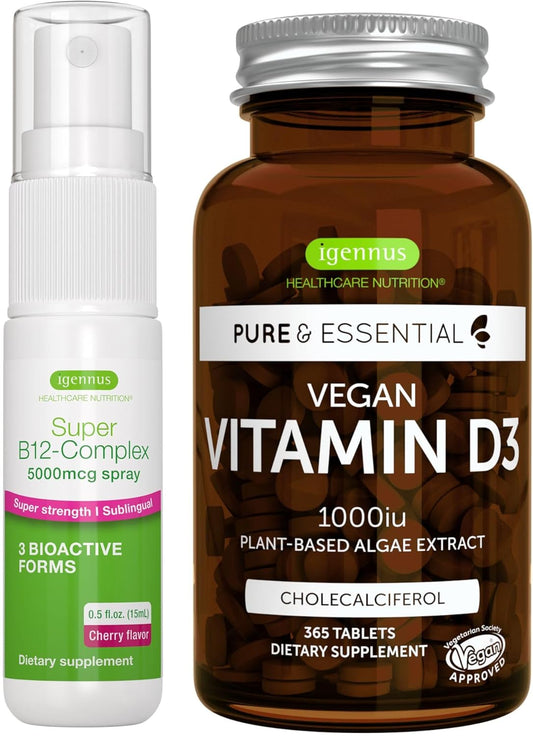 365-Day Supply Vegan Vitamin D3 & Super B12-Complex Bundle: 1000iu D3 Tablets + 5000mcg B12 Cherry Spray by Igennus