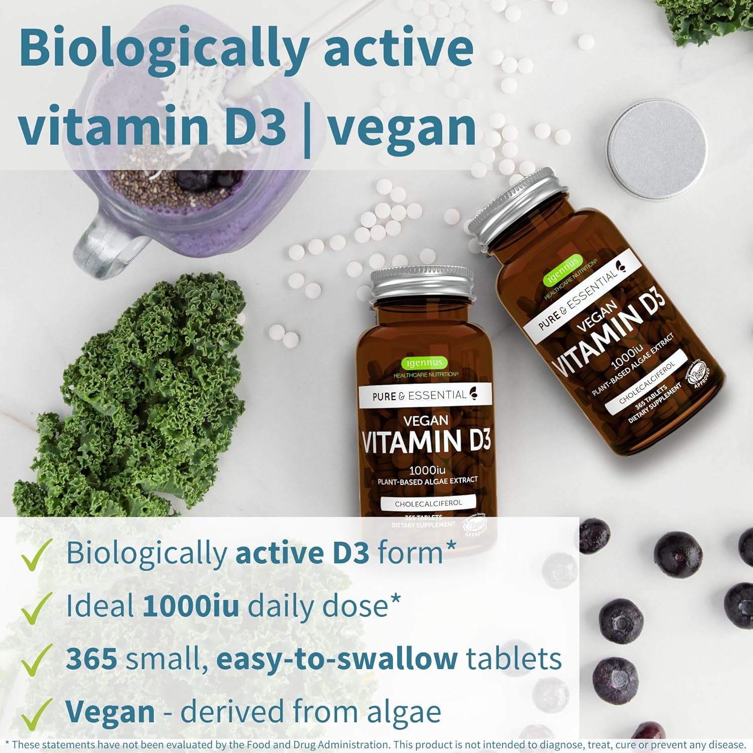 365-Day Supply Vegan Vitamin D3 & Super B12-Complex Bundle: 1000iu D3 Tablets + 5000mcg B12 Cherry Spray by Igennus