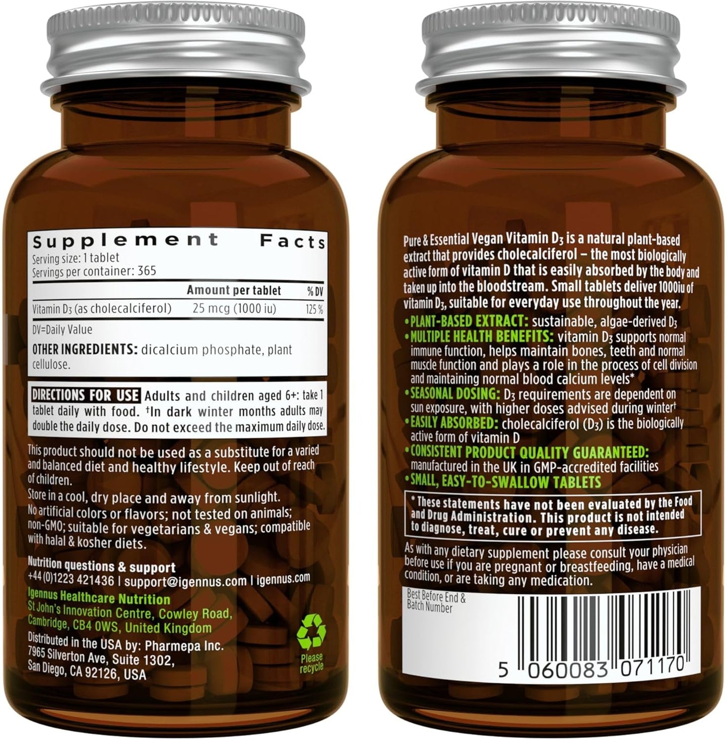 365-Day Supply Vegan Vitamin D3 & Super B12-Complex Bundle: 1000iu D3 Tablets + 5000mcg B12 Cherry Spray by Igennus