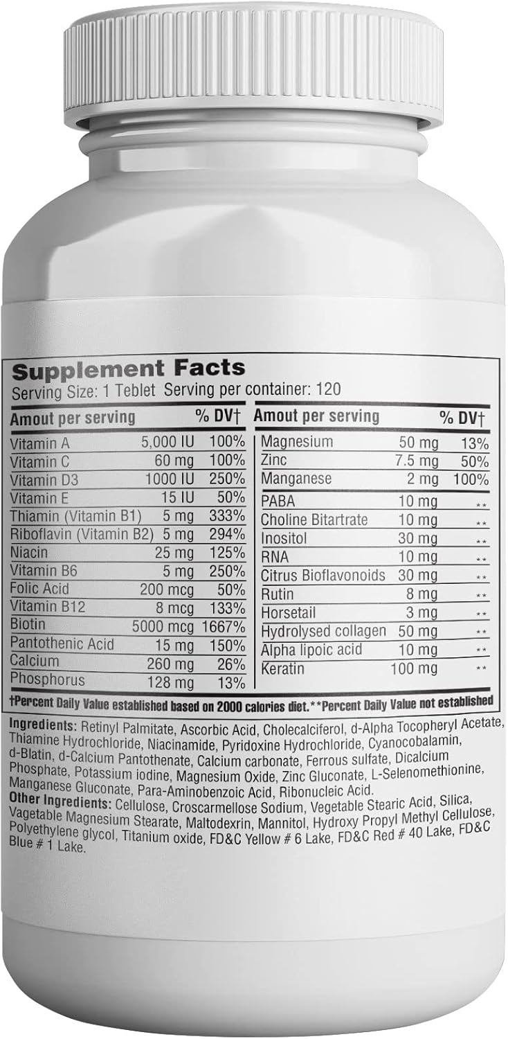 365 Health Skin, Nails & Hair Support - Advanced Formula with Collagen, Zinc, and Vitamin C - Vegan & Non GMO - 120 Tablets