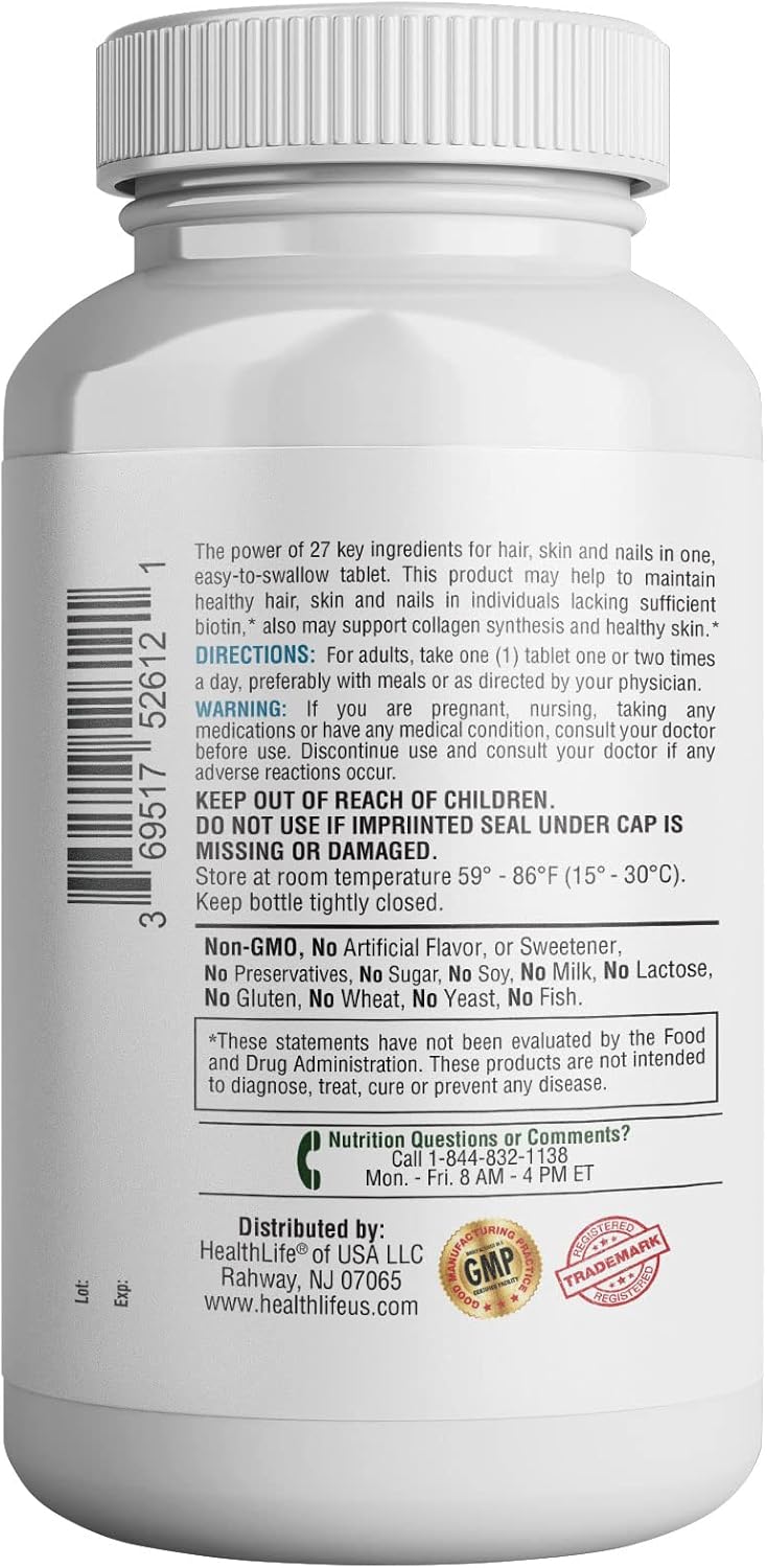 365 Health Skin, Nails & Hair Support - Advanced Formula with Collagen, Zinc, and Vitamin C - Vegan & Non GMO - 120 Tablets