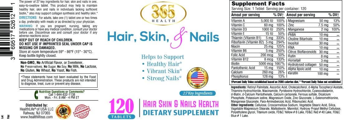 365 Health Skin, Nails & Hair Support - Advanced Formula with Collagen, Zinc, and Vitamin C - Vegan & Non GMO - 120 Tablets