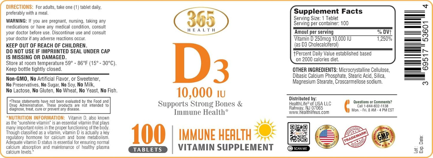 365 Health Vitamin D3 Cholecalciferol 250mcg Immune & Bone Support 10,000 IU Tablets - 100 Count Pack