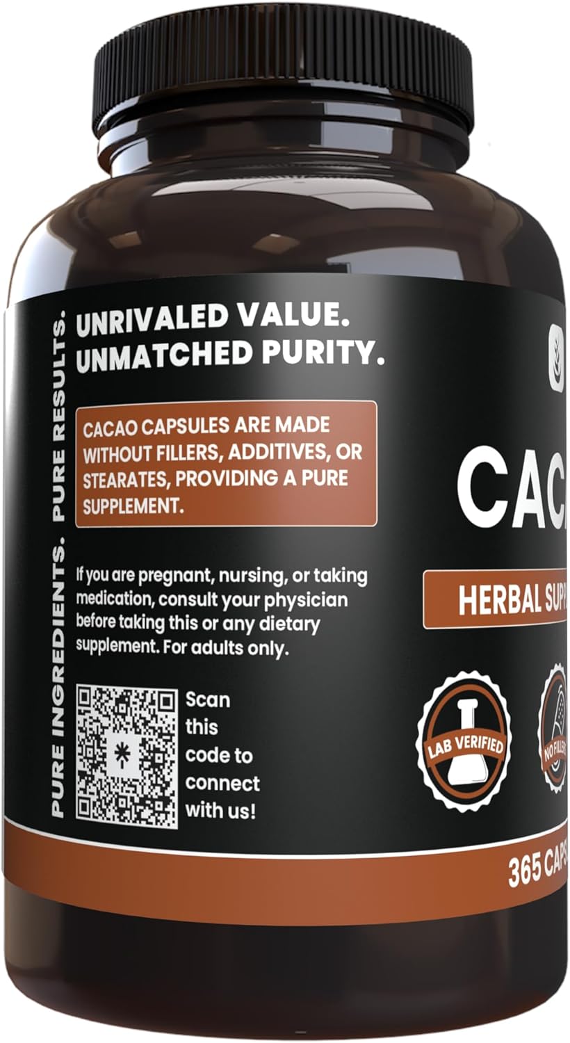 365 Pure Cacao Capsules - Original Ingredients, No Magnesium or Rice Fillers - Lab Verified & Always Pure