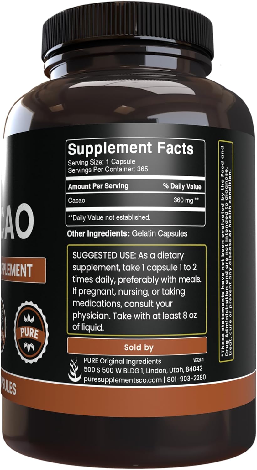 365 Pure Cacao Capsules - Original Ingredients, No Magnesium or Rice Fillers - Lab Verified & Always Pure