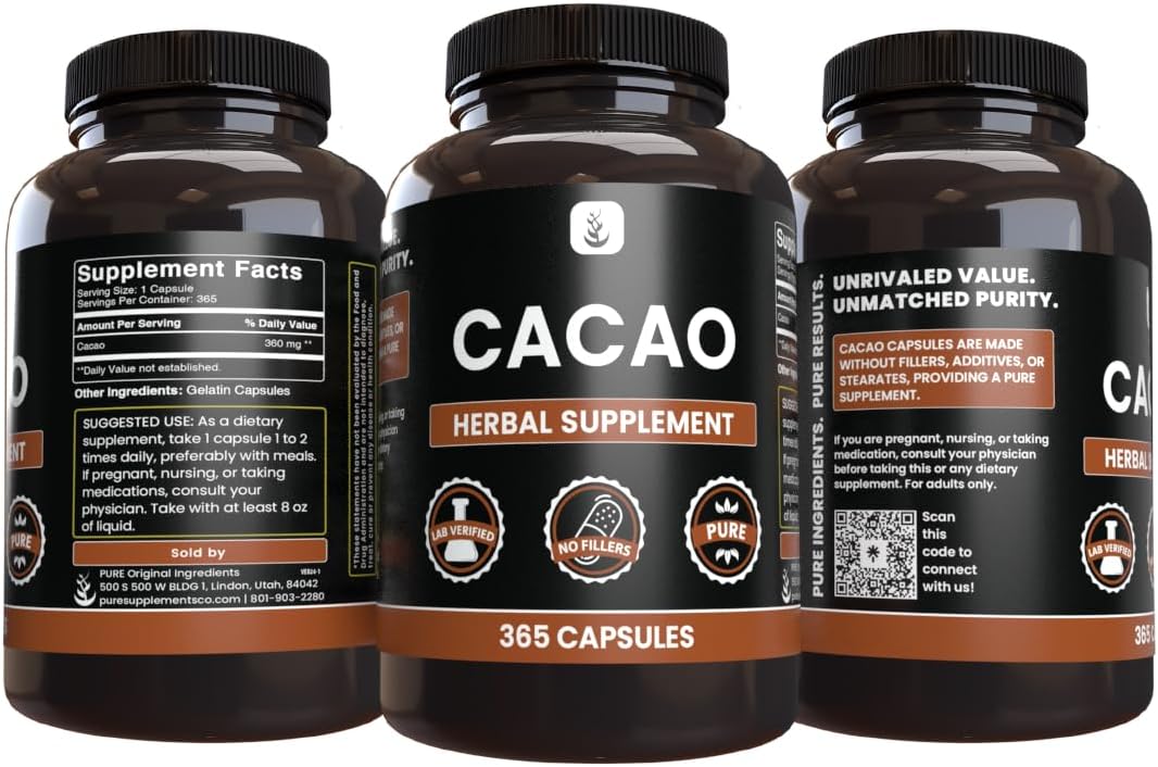 365 Pure Cacao Capsules - Original Ingredients, No Magnesium or Rice Fillers - Lab Verified & Always Pure