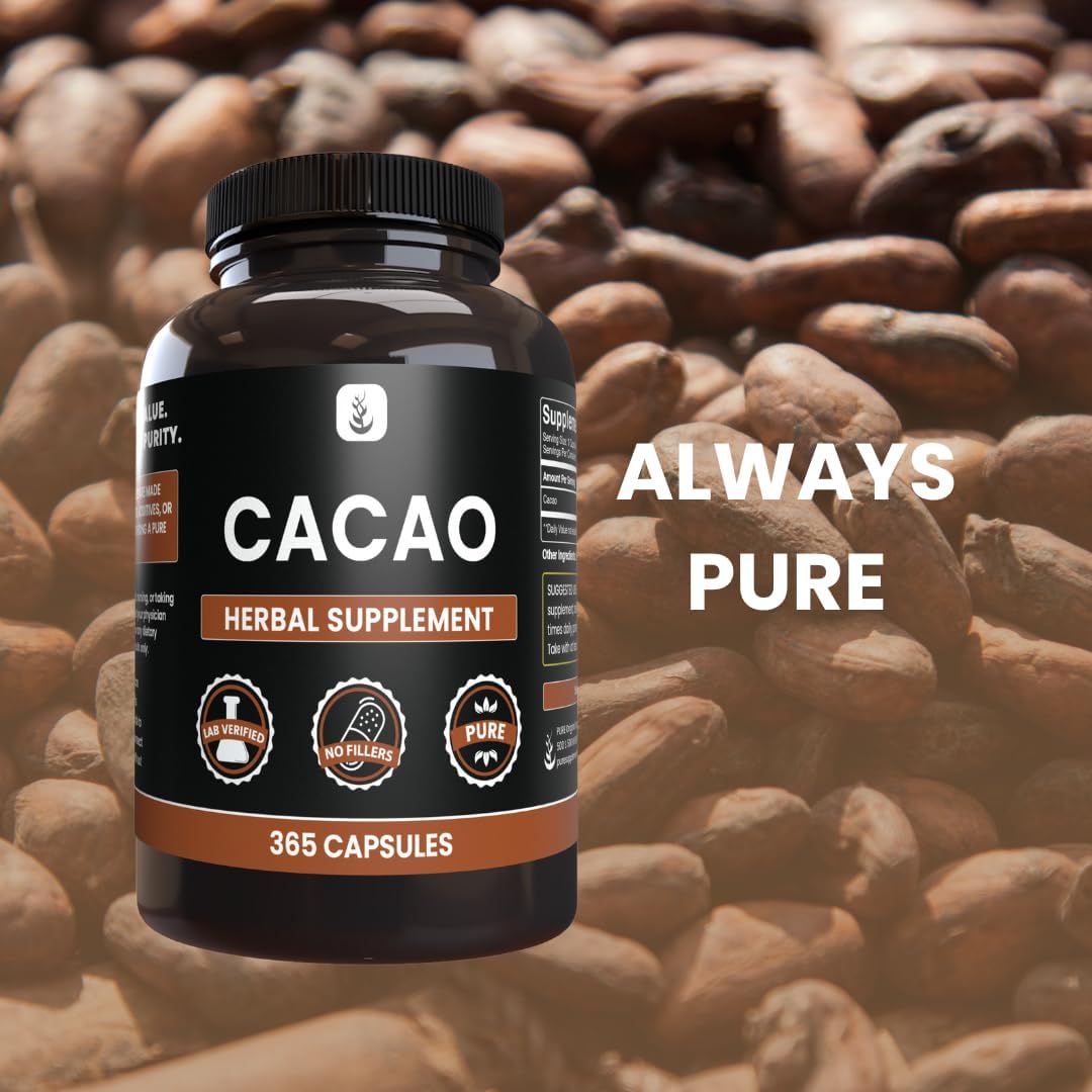 365 Pure Cacao Capsules - Original Ingredients, No Magnesium or Rice Fillers - Lab Verified & Always Pure