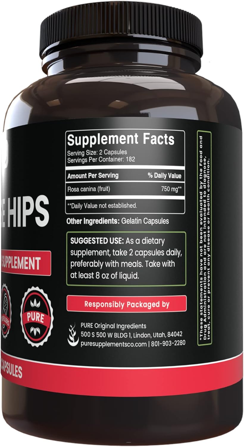 365 Pure Rose Hips Capsules - No Magnesium or Rice Fillers - Lab Verified Quality