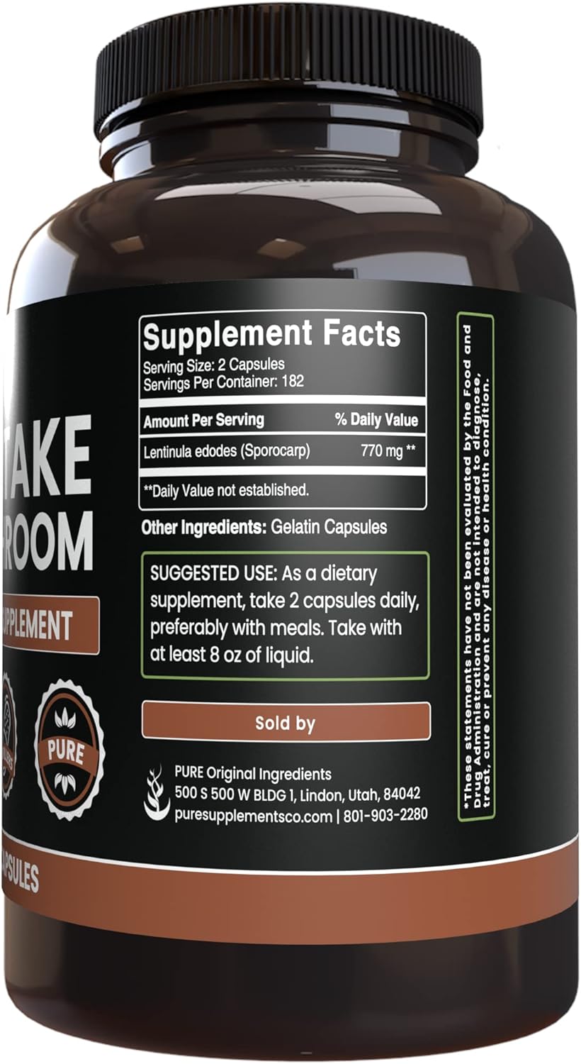 365 Pure Shiitake Mushroom Capsules, No Fillers, Lab Verified