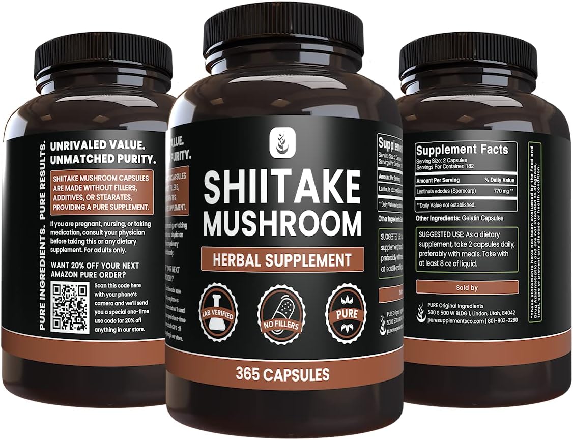 365 Pure Shiitake Mushroom Capsules, No Fillers, Lab Verified