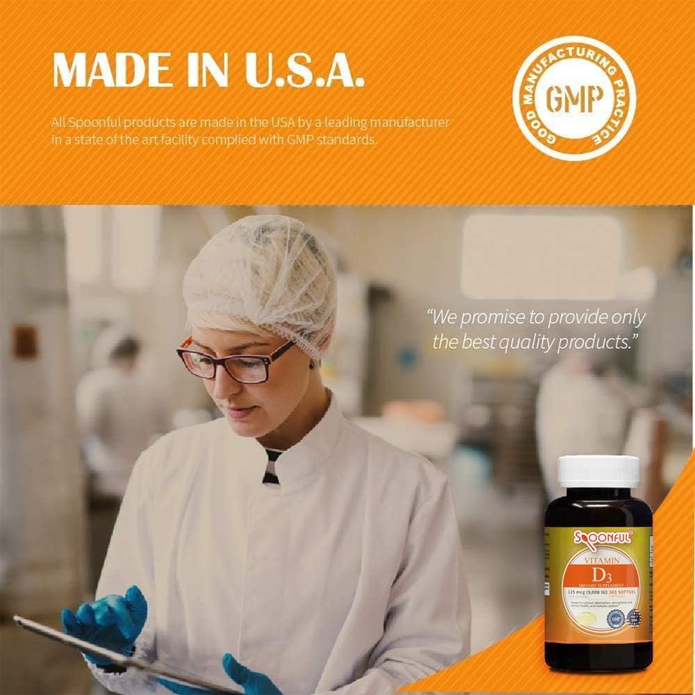 365 Softgel Capsules of 5000 IU Vitamin D3 for Bone Health and Immune Support, 1-Year Supply from USA