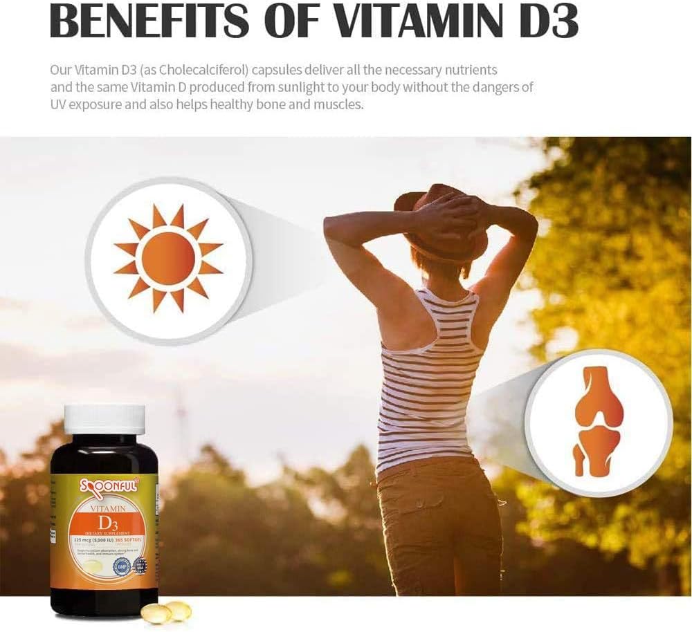 365 Softgel Capsules of 5000 IU Vitamin D3 for Bone Health and Immune Support, 1-Year Supply from USA