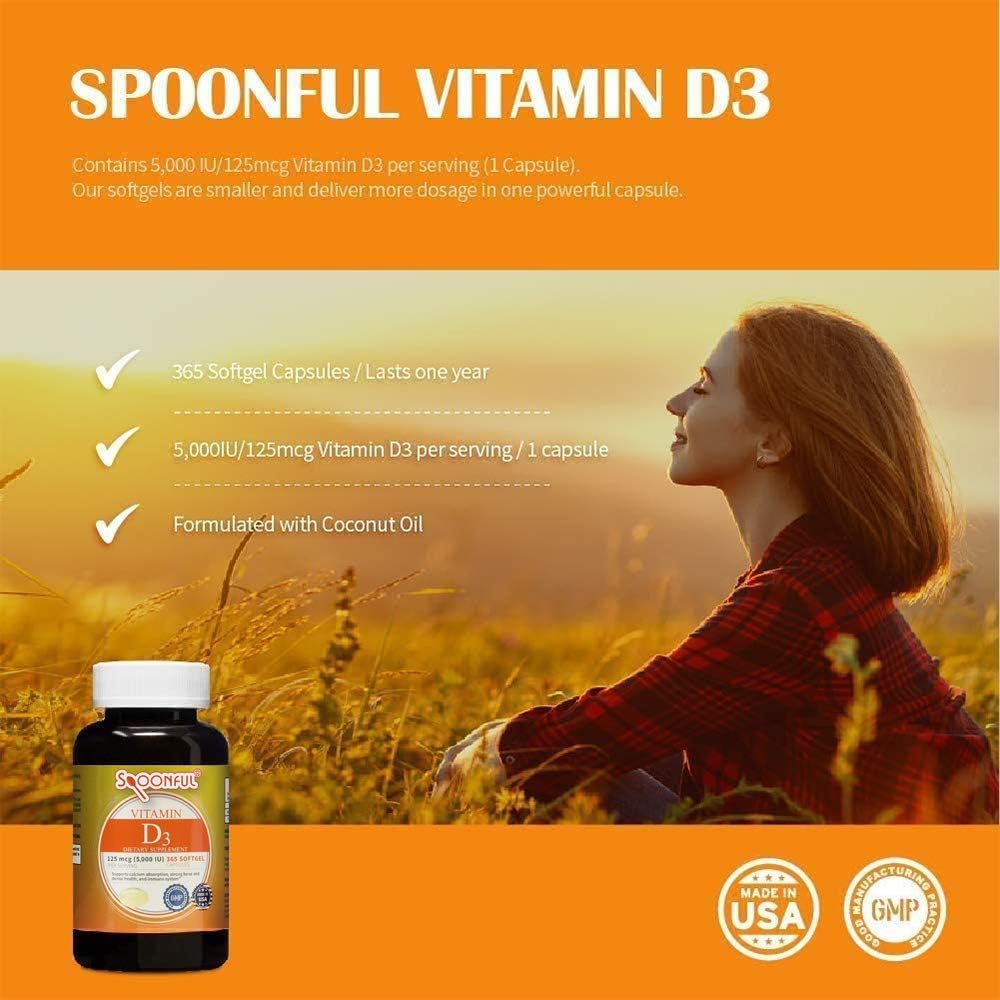 365 Softgel Capsules of 5000 IU Vitamin D3 for Bone Health and Immune Support, 1-Year Supply from USA