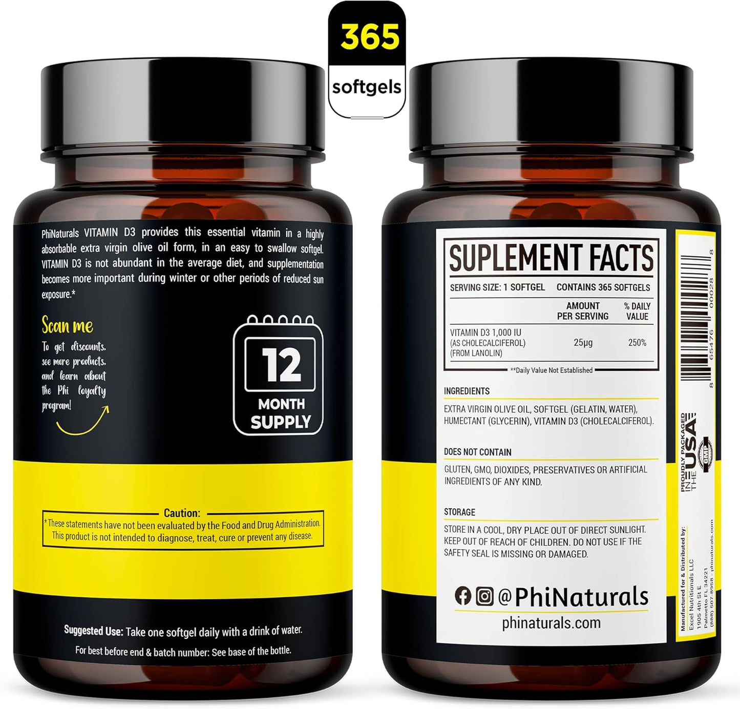 365 Softgel Capsules of PhiNaturals Vitamin D3 1000iu Supplement with Olive Oil Base - One Year Supply of Vitamin D3