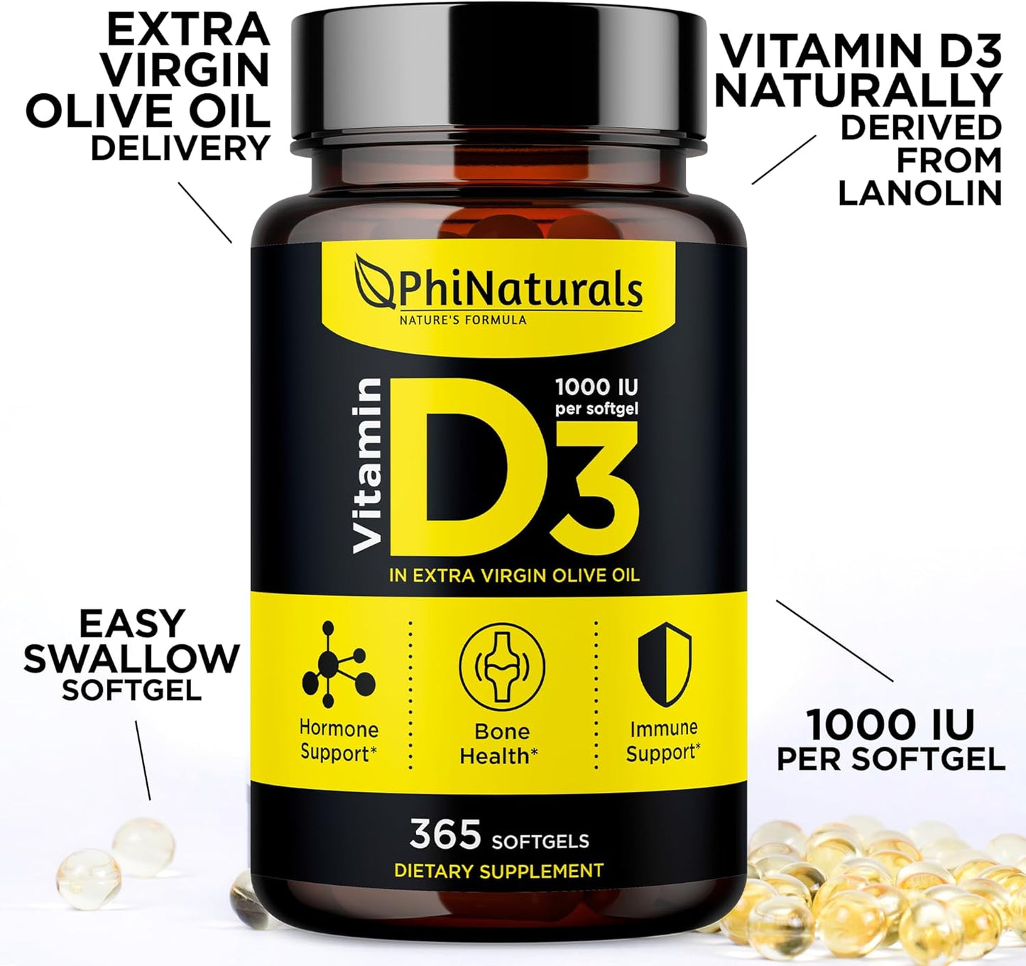 365 Softgel Capsules of PhiNaturals Vitamin D3 1000iu Supplement with Olive Oil Base - One Year Supply of Vitamin D3