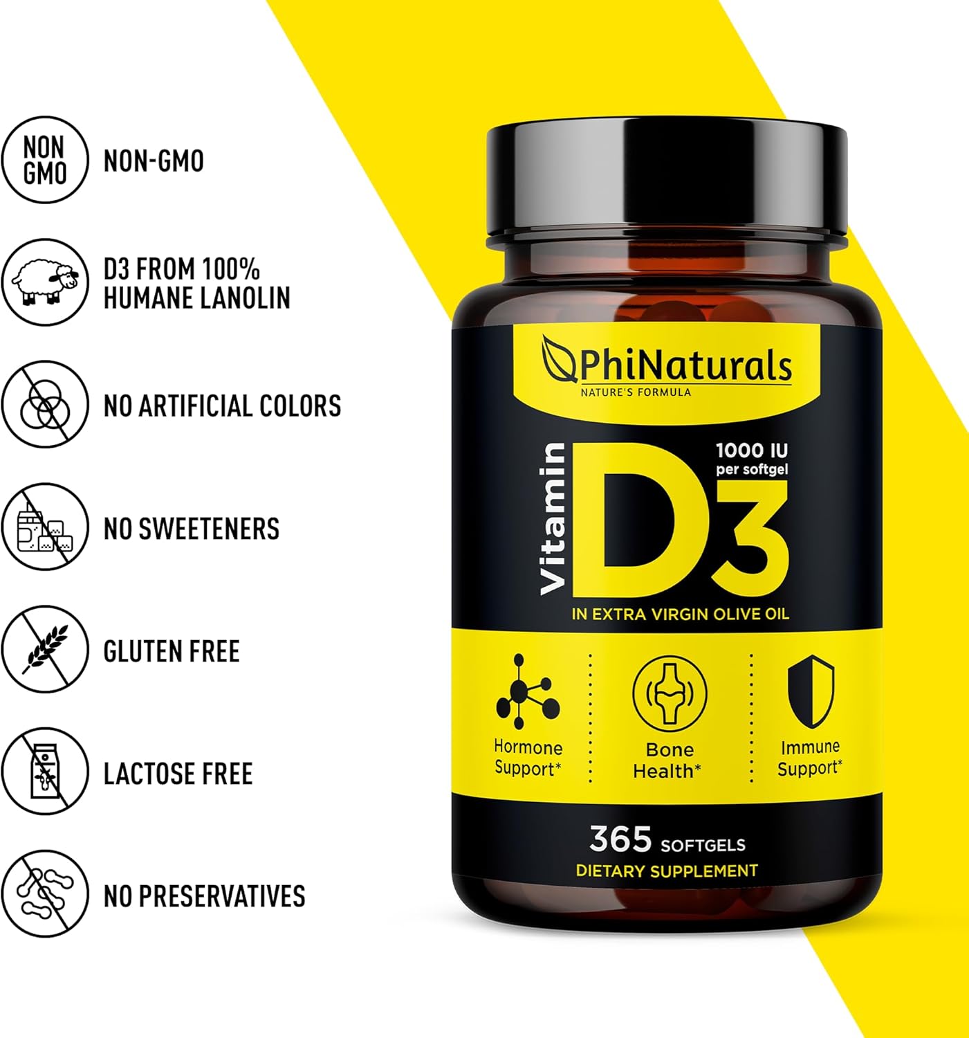365 Softgel Capsules of PhiNaturals Vitamin D3 1000iu Supplement with Olive Oil Base - One Year Supply of Vitamin D3