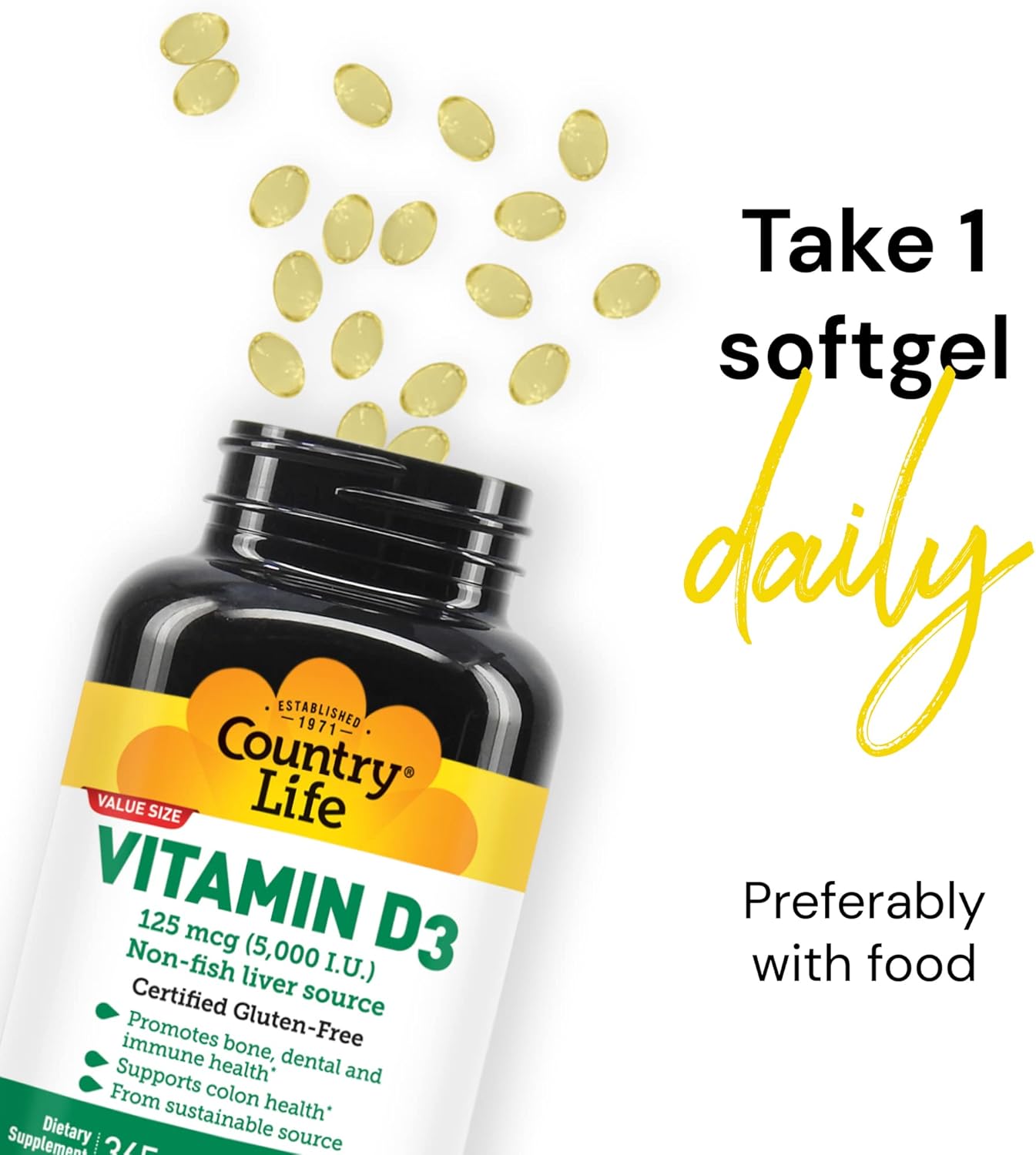 365 Softgels of Country Life Vitamin D3 5000 IU, Non-Fish Source, Gluten Free