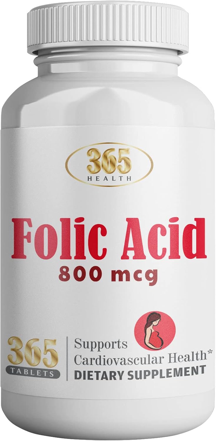 365 Tablets of HEALTH LFE 365 Folic Acid 800mcg (0.8mg) Vitamin B9 for Cardiovascular & Prenatal Health - Non-GMO & Vegan Formula