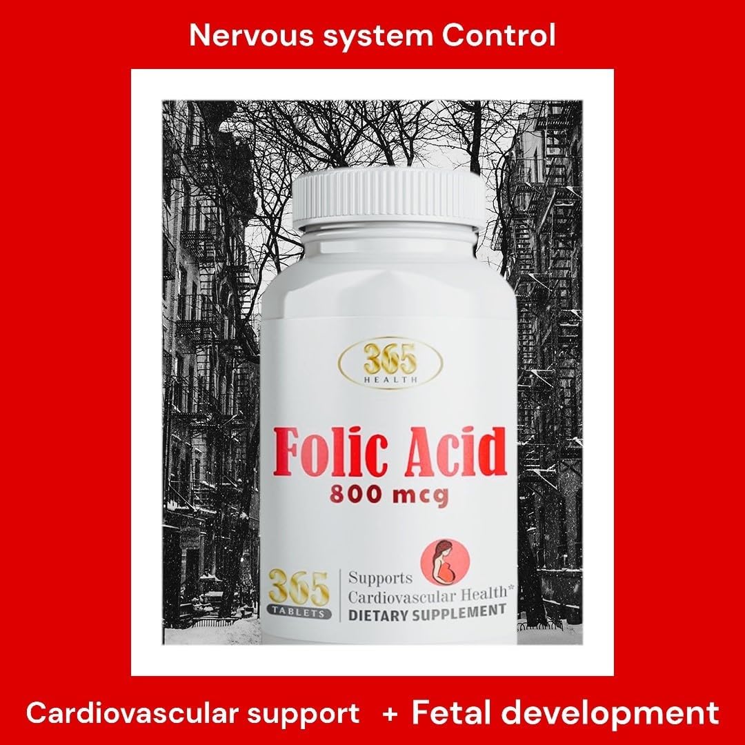 365 Tablets of HEALTH LFE 365 Folic Acid 800mcg (0.8mg) Vitamin B9 for Cardiovascular & Prenatal Health - Non-GMO & Vegan Formula