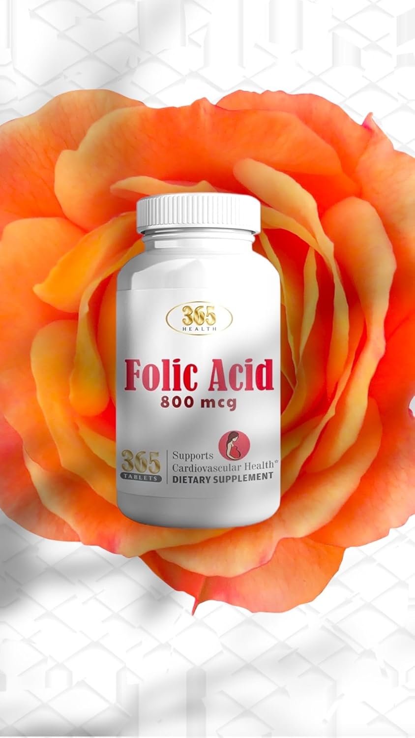 365 Tablets of HEALTH LFE 365 Folic Acid 800mcg (0.8mg) Vitamin B9 for Cardiovascular & Prenatal Health - Non-GMO & Vegan Formula