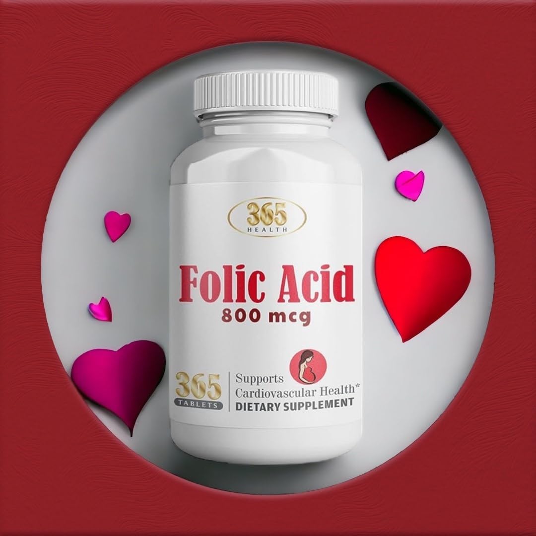 365 Tablets of HEALTH LFE 365 Folic Acid 800mcg (0.8mg) Vitamin B9 for Cardiovascular & Prenatal Health - Non-GMO & Vegan Formula