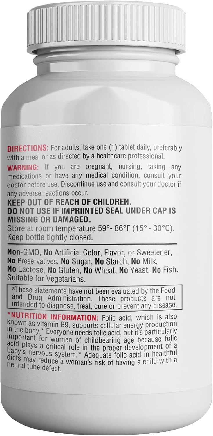 365 Tablets of HEALTH LFE 365 Folic Acid 800mcg (0.8mg) Vitamin B9 for Cardiovascular & Prenatal Health - Non-GMO & Vegan Formula