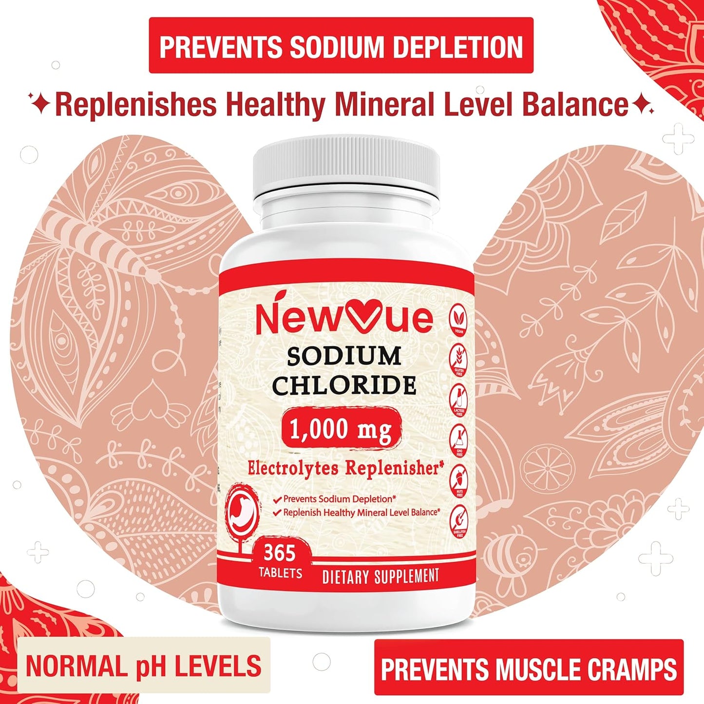 365 Tablets of Newvue Sodium Chloride 1000mg - Non-GMO & Gluten Free Salt Tablets for Hydration & Electrolyte Replacement