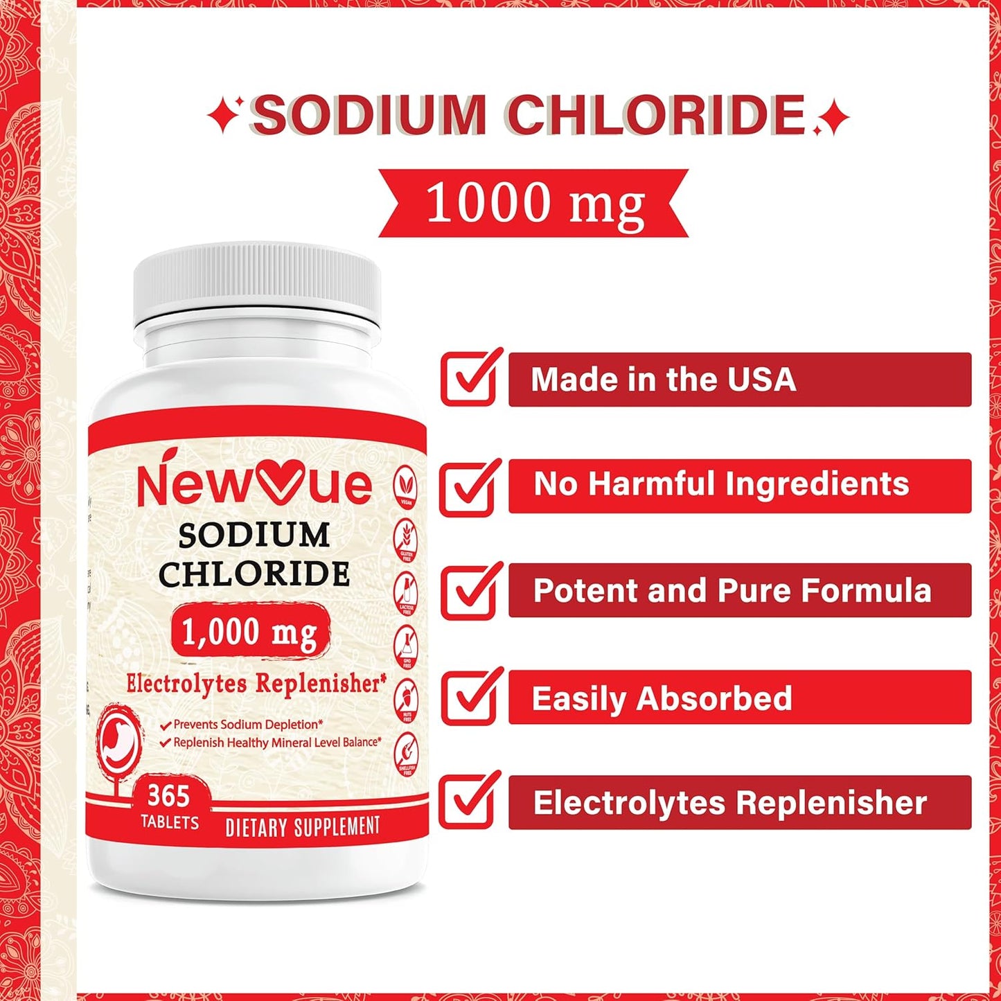 365 Tablets of Newvue Sodium Chloride 1000mg - Non-GMO & Gluten Free Salt Tablets for Hydration & Electrolyte Replacement