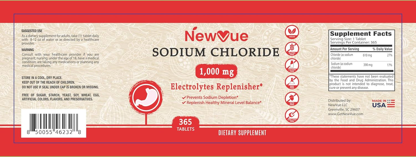 365 Tablets of Newvue Sodium Chloride 1000mg - Non-GMO & Gluten Free Salt Tablets for Hydration & Electrolyte Replacement