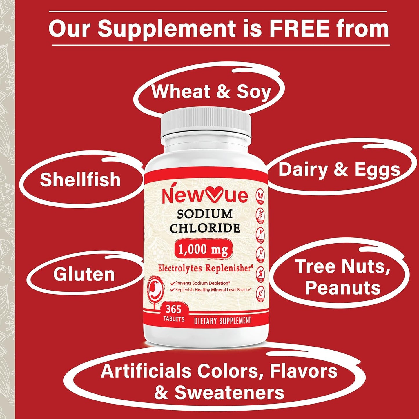 365 Tablets of Newvue Sodium Chloride 1000mg - Non-GMO & Gluten Free Salt Tablets for Hydration & Electrolyte Replacement