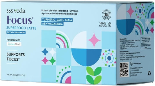 365veda Focus Superfood Latte Sachets with Ashwagandha, Curcumin, and Gotu Kola - Enhances Memory & Focus, Gluten-Free, Non-GMO (30 Count, Butterscotch Flavor)