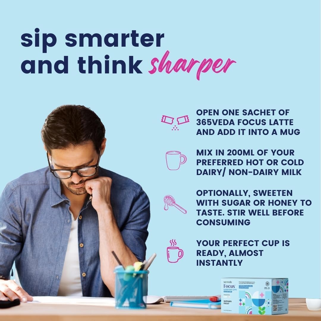 365veda Focus Superfood Latte Sachets with Ashwagandha, Curcumin, and Gotu Kola - Enhances Memory & Focus, Gluten-Free, Non-GMO (30 Count, Butterscotch Flavor)