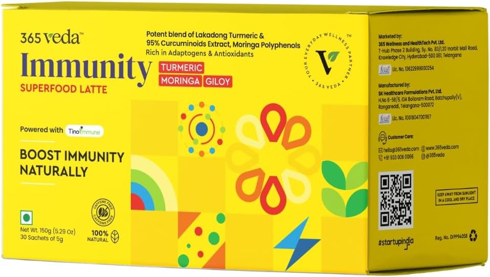 365veda Immunity-Boosting Latte with Moringa, Giloy & Turmeric, 100% Natural Ingredients, Supports Digestion, Gluten-Free On-The-Go Sachets (30 Count)