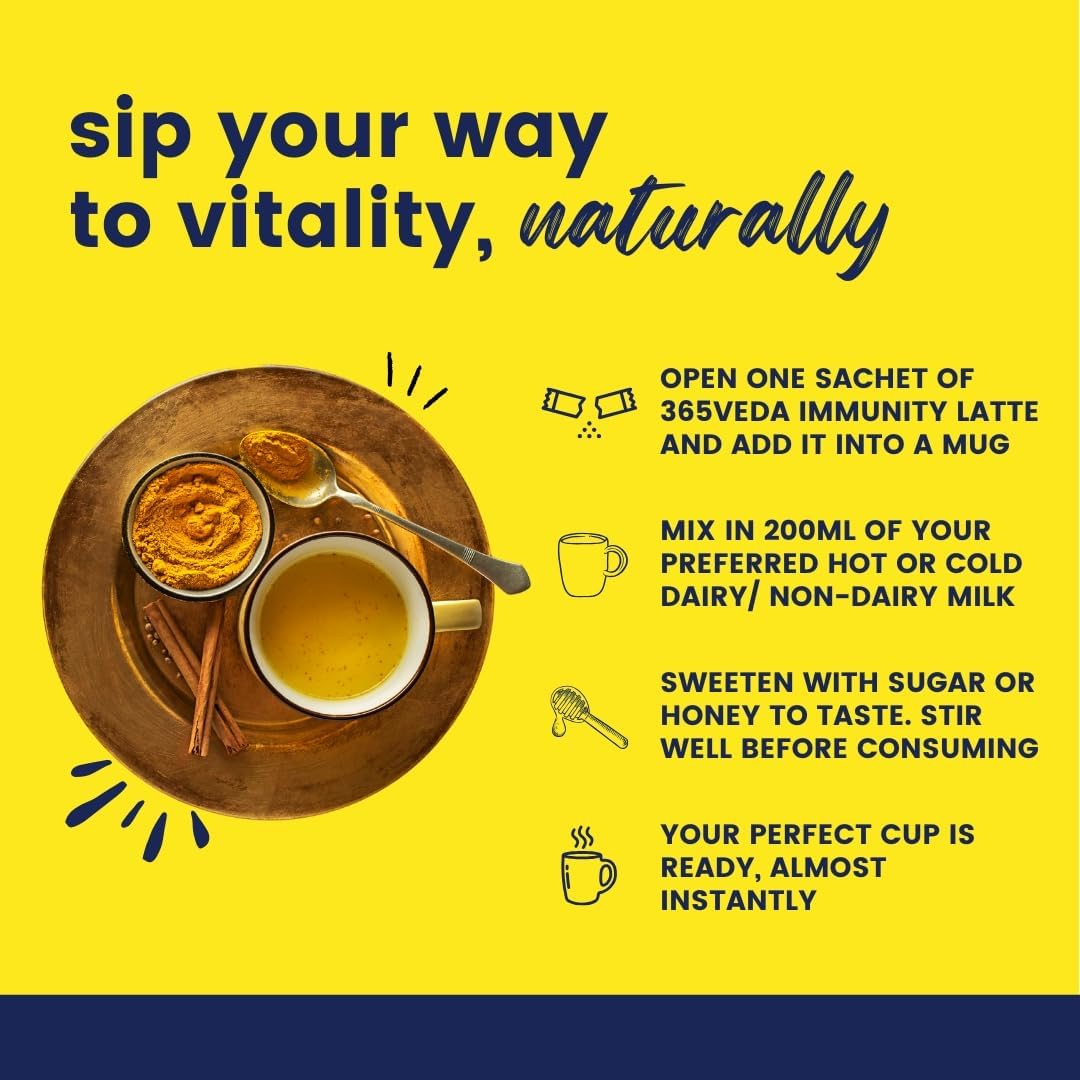 365veda Immunity-Boosting Latte with Moringa, Giloy & Turmeric, 100% Natural Ingredients, Supports Digestion, Gluten-Free On-The-Go Sachets (30 Count)