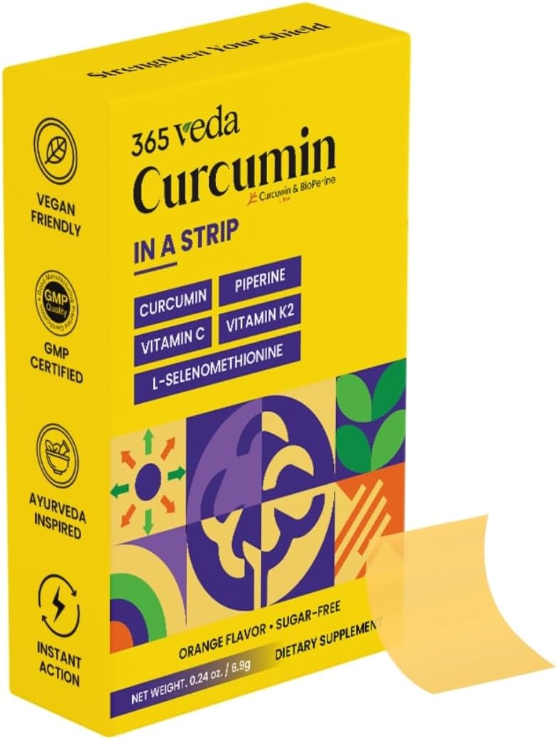 365veda Turmeric Curcumin Oral Strips with Piperine, Vitamin C & K2 - Non GMO, Sugar Free, Liver Support - 30 Strips