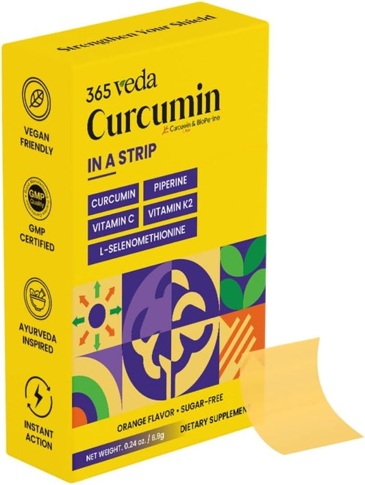 365veda Turmeric Curcumin Oral Strips with Piperine, Vitamin C & K2 - Non GMO, Sugar Free, Liver Support - 30 Strips