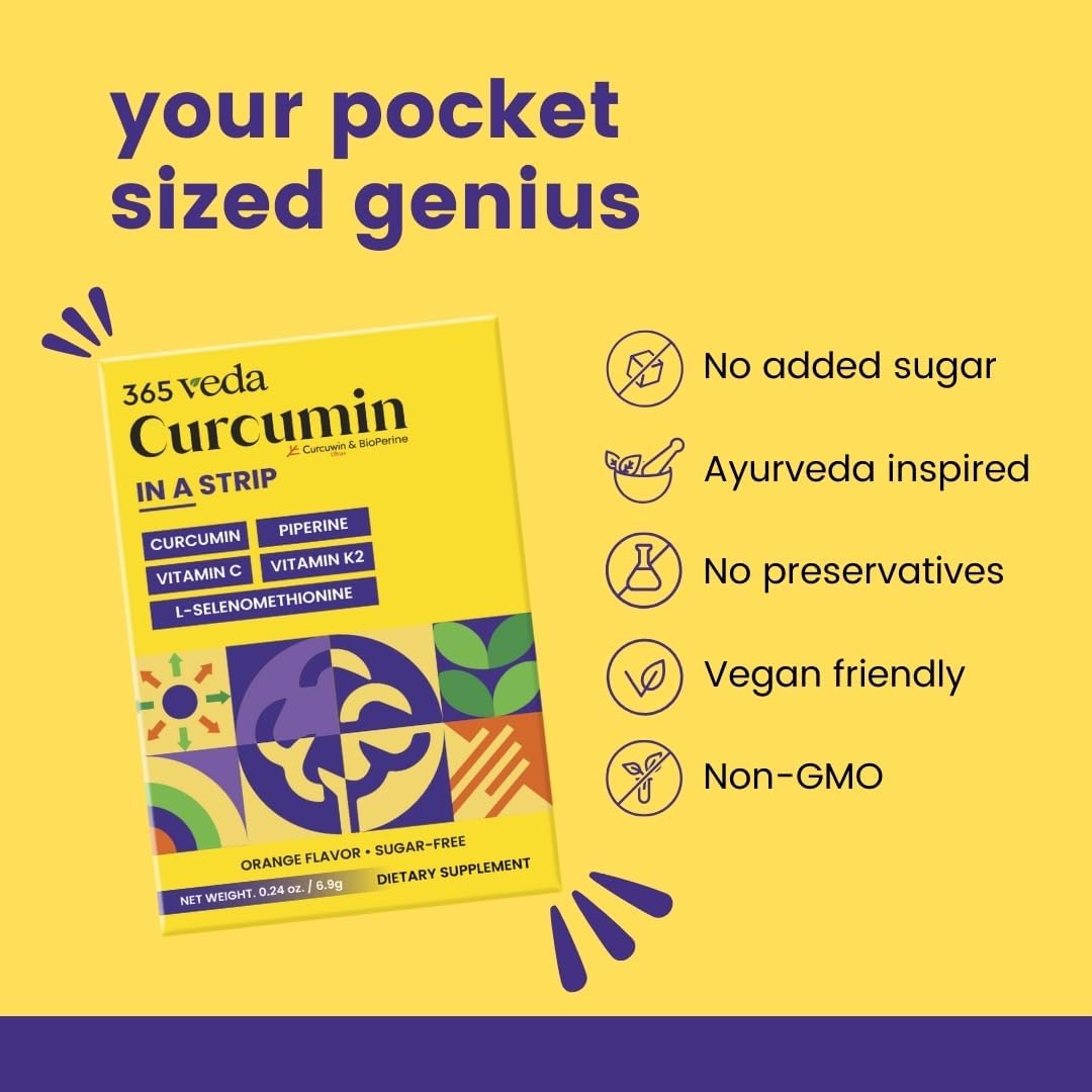 365veda Turmeric Curcumin Oral Strips with Piperine, Vitamin C & K2 - Non GMO, Sugar Free, Liver Support - 30 Strips