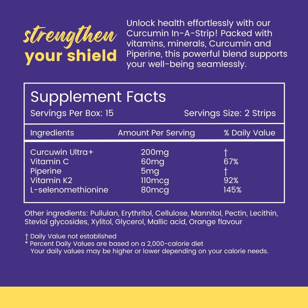 365veda Turmeric Curcumin Oral Strips with Piperine, Vitamin C & K2 - Non GMO, Sugar Free, Liver Support - 30 Strips