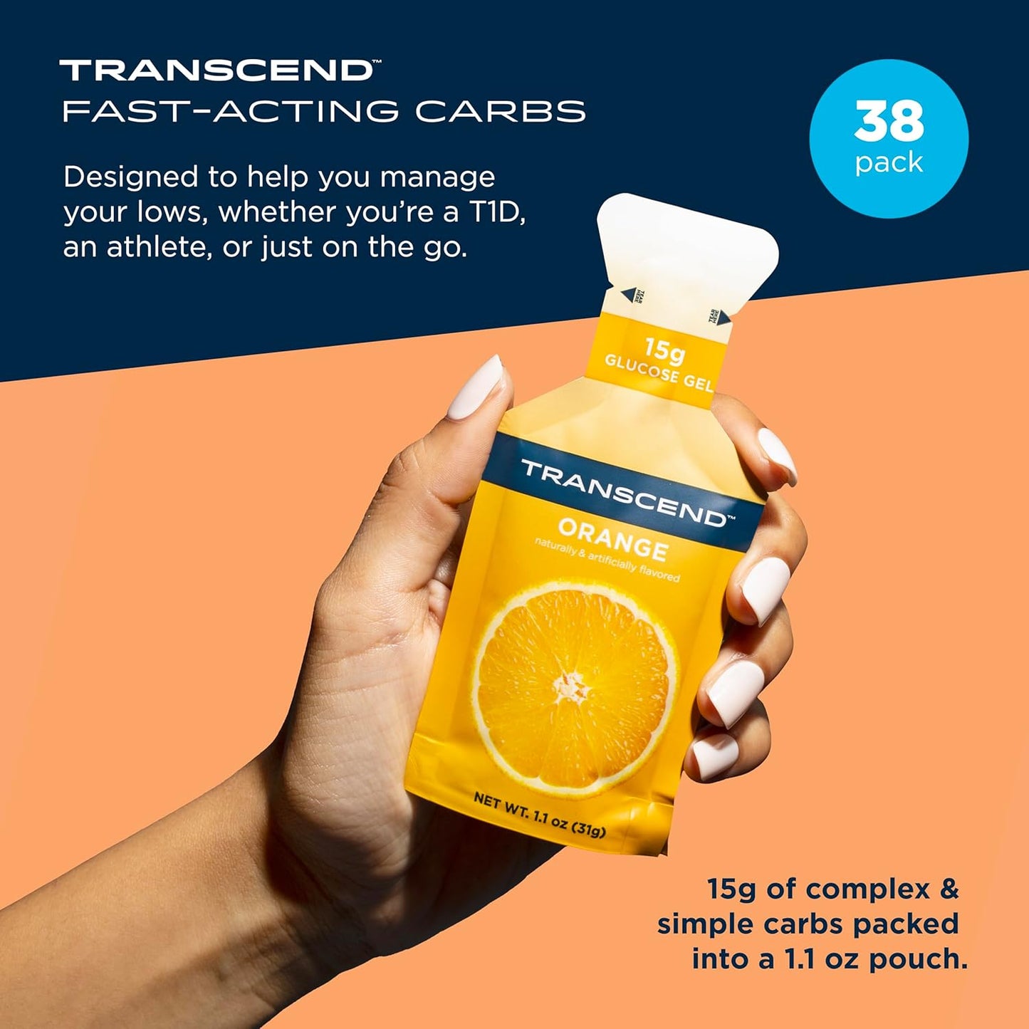 38 Pack Transcend Foods Orange Gel - 1.1 oz Fast-Acting Carb Gel, Orange Flavor, Caffeine-Free - BoostGo Australia