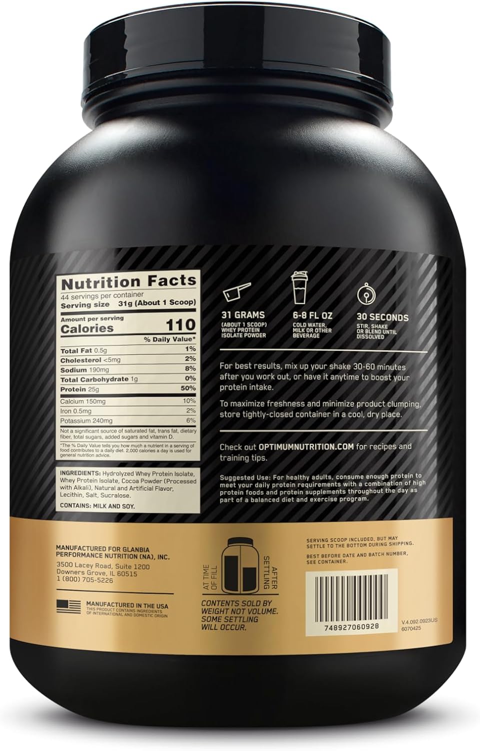 3lb Optimum Nutrition Gold Standard 100% Isolate, Chocolate Bliss - 44 Servings