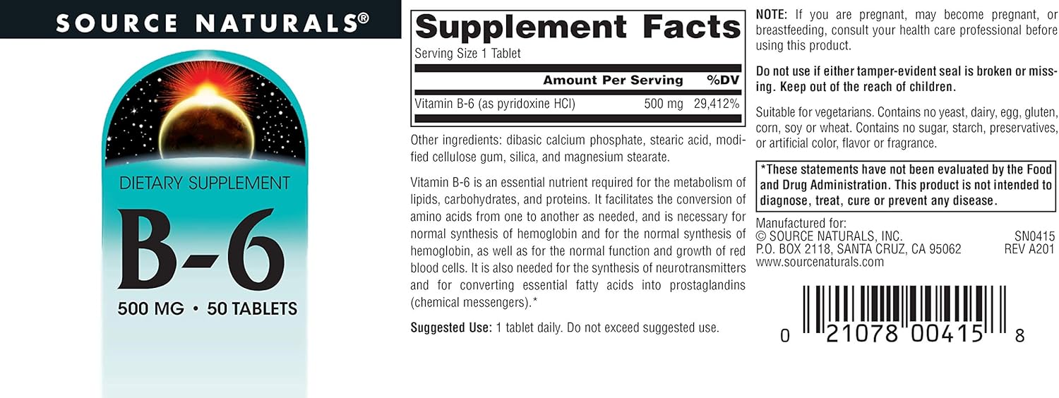 3M Source Naturals Vitamin B-6 Tablets - 500mg for Immune System Support (50 Tablets)