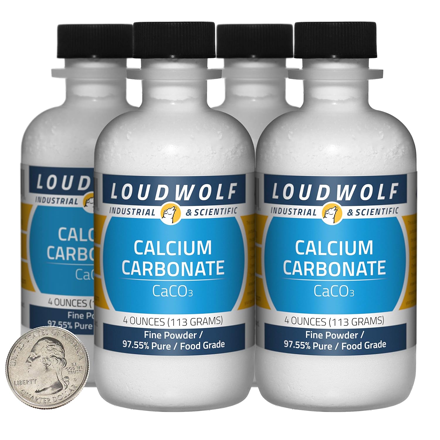 4 Bottles of Loudwolf Calcium Carbonate Fine Powder - 1 Pound Each - 97.55% Pure Food Grade