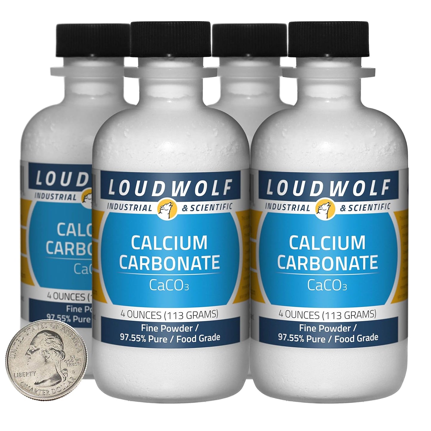 4 Bottles of Loudwolf Calcium Carbonate Fine Powder - 1 Pound Each - 97.55% Pure Food Grade