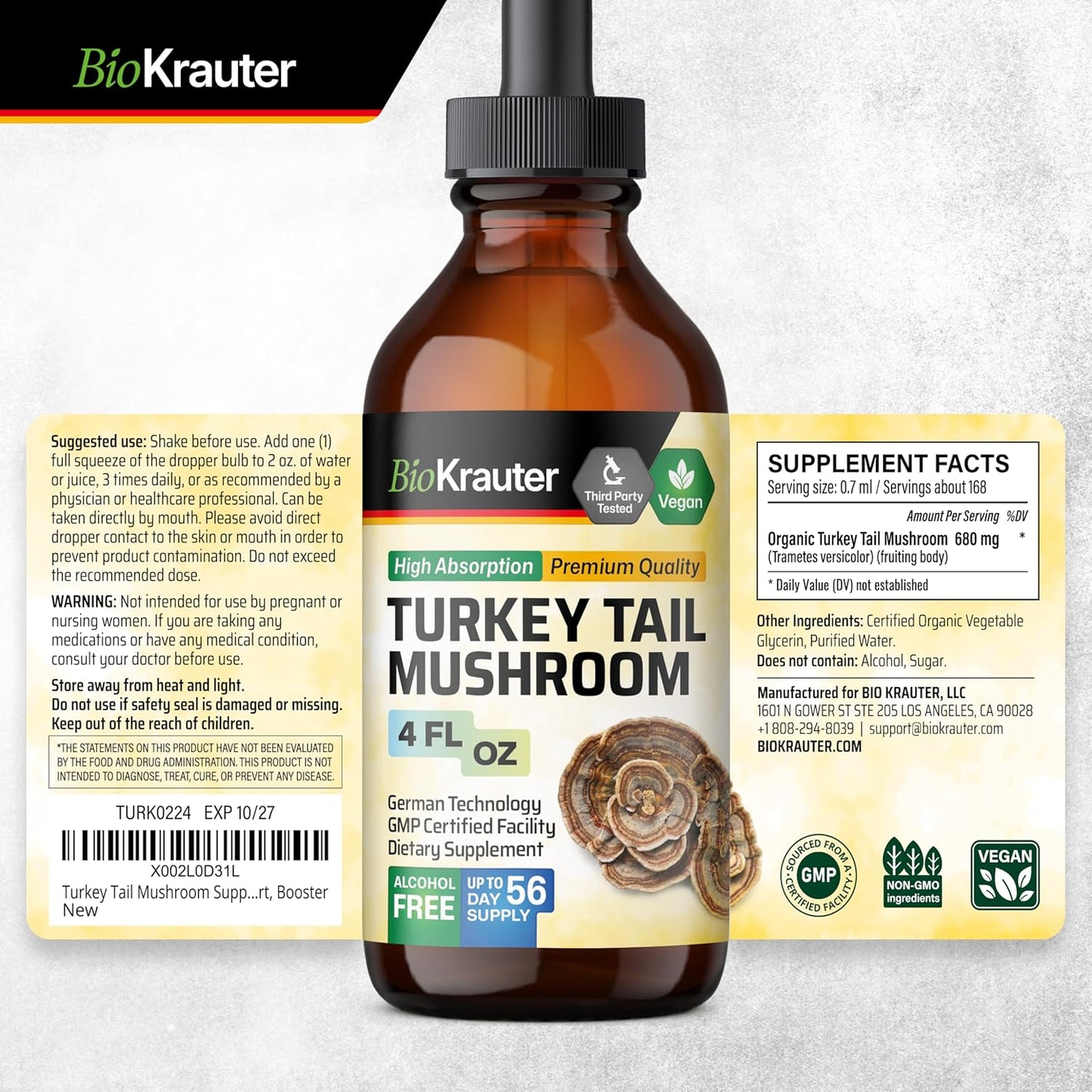 4 Fl. Oz. BIO KRAUTER Lion's Mane and Turkey Tail Mushroom Tinctures for Improved Health