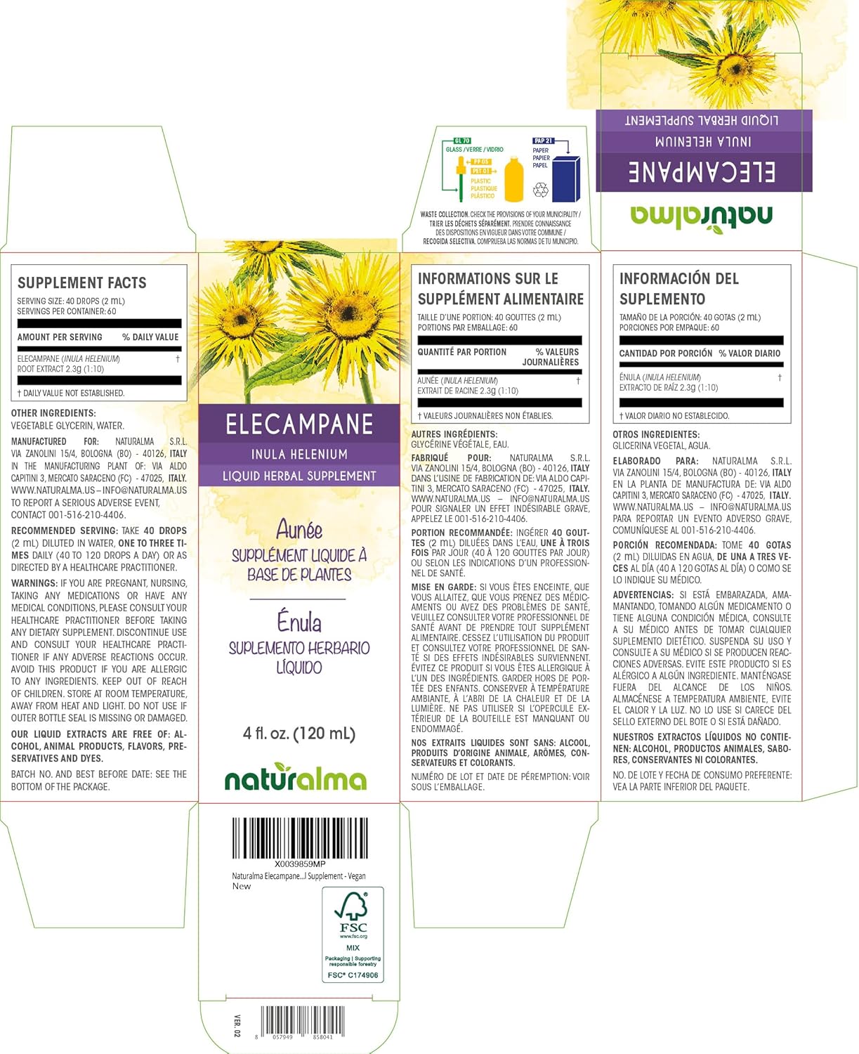 4 fl oz Naturalma Elecampane Root Alcohol-Free Liquid Extract Tincture - Herbal Supplement Vegan Drops