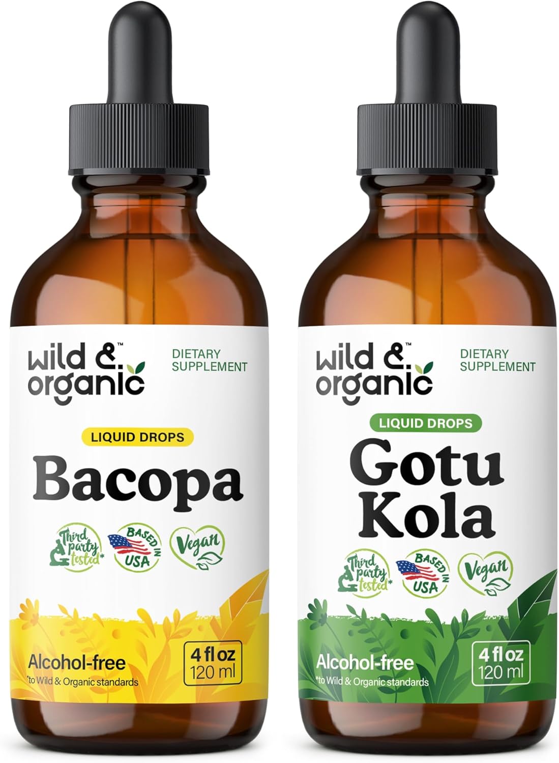 4 fl oz Wild & Organic Bacopa and Gotu Kola Tincture Set for Cognitive Support