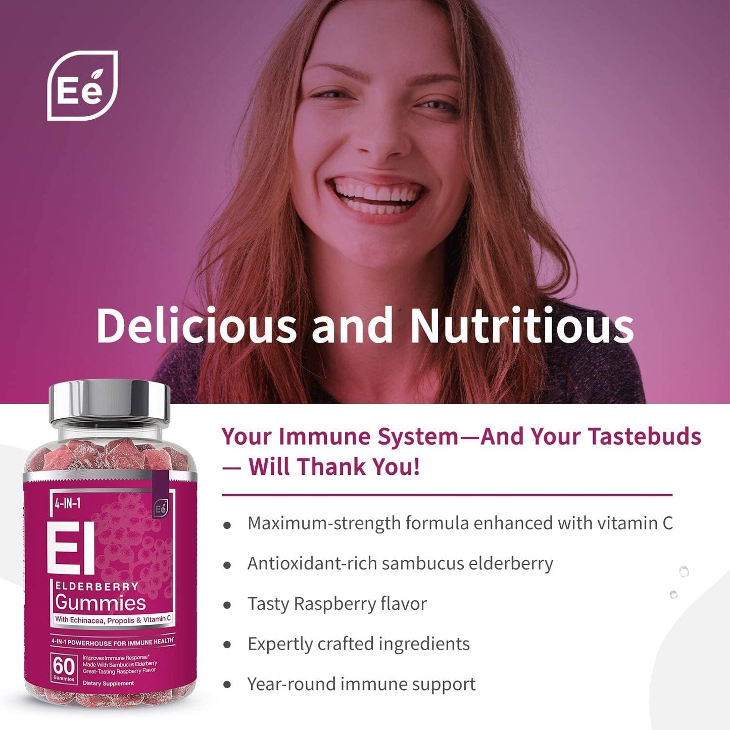 4-in-1 Immune Support Elderberry Gummies for Adults - 60 Count with Sambucus Nigra, Vitamin C, Echinacea, Propolis Extract