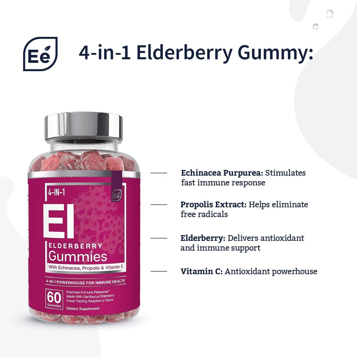 4-in-1 Immune Support Elderberry Gummies for Adults - 60 Count with Sambucus Nigra, Vitamin C, Echinacea, Propolis Extract