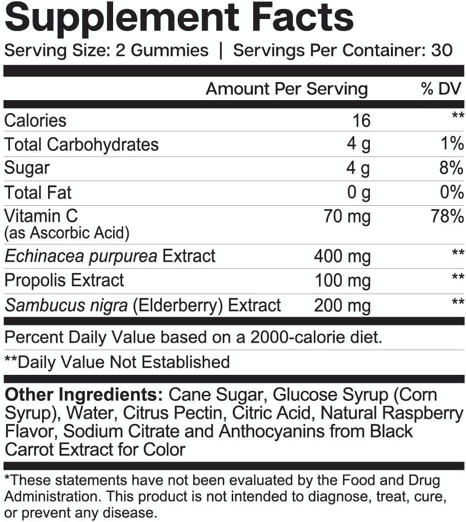 4-in-1 Immune Support Elderberry Gummies for Adults - 60 Count with Sambucus Nigra, Vitamin C, Echinacea, Propolis Extract